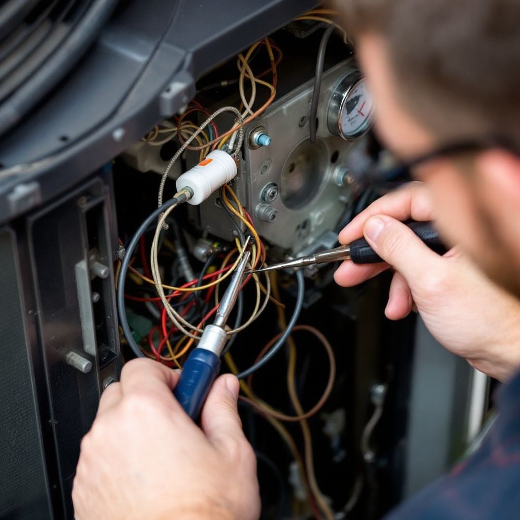 A man is working on an air conditioner with a screwdriver.