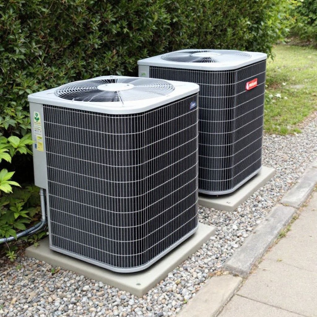Two air conditioners are sitting next to each other on gravel.
