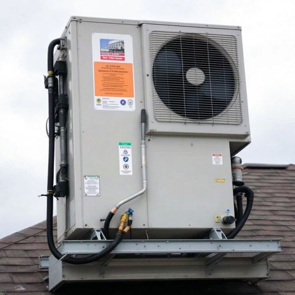 A large air conditioner is sitting on top of a roof