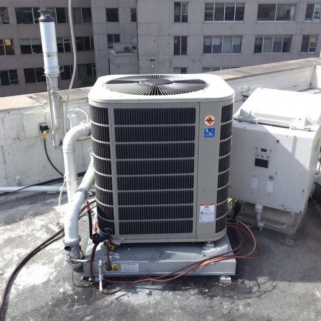 An air conditioner is sitting on the roof of a building