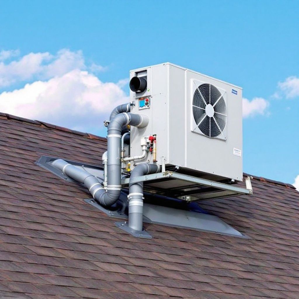 A large air conditioner is sitting on top of a roof.