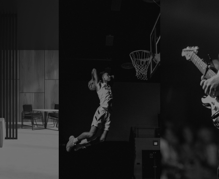 A black and white photo of a basketball player , a guitar player , and a basketball hoop.