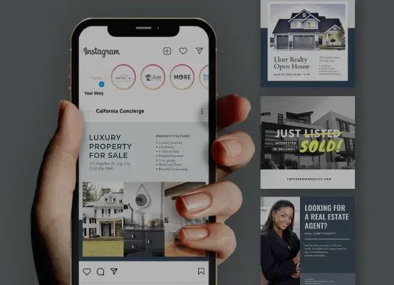 A person is holding a cell phone that says luxury property for sale