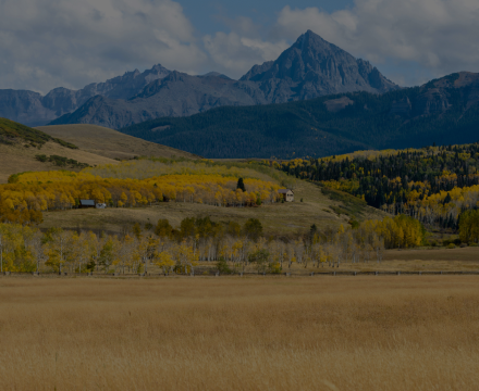 There is a house in the middle of a field with mountains in the background.