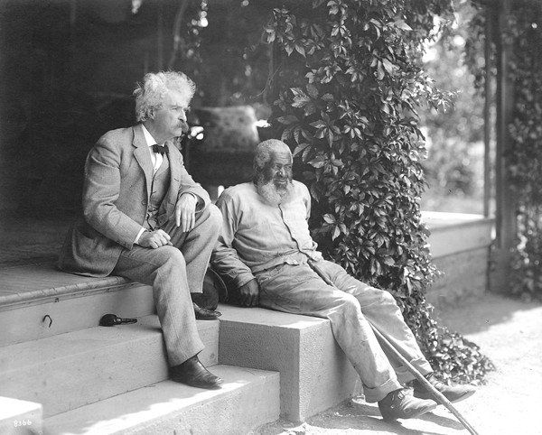 Mark Twain (Samuel Langhorne Clemens, 1835-1910), with John Lewis Sitting on Porch Steps, Elmira, New York, USA, circa 1903