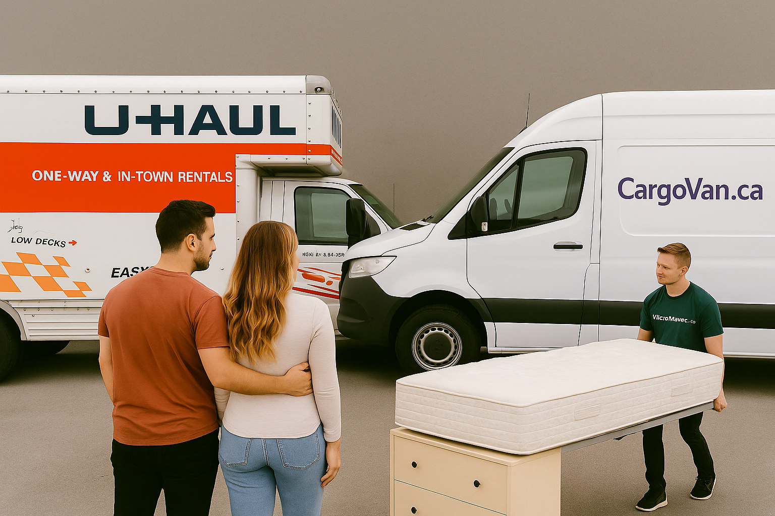 Couple watches a worker carrying a mattress, near a U-Haul and CargoVan.