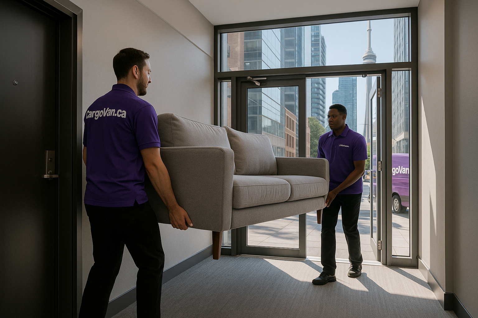 Two CargoVan.ca movers carry a sofa through a condo hallway with a view of the CN Tower in Toronto.