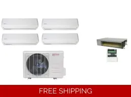 Multi-zone mini-split AC system with four indoor units, an outdoor unit, and control panel; white and silver.