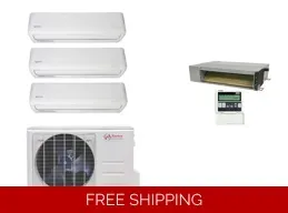 White ductless mini-split AC system with four indoor units, outdoor unit, and controller.