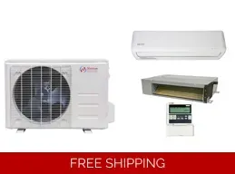 Air conditioner components: outdoor unit, indoor wall unit, recessed unit, and remote control.