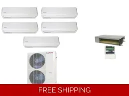 A multi-zone ductless mini-split AC system with five indoor units, an outdoor unit, and a controller.