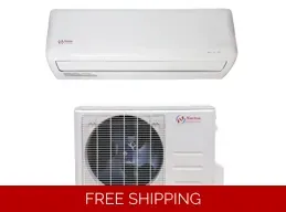 White ductless mini-split air conditioner with red text and