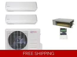 White ductless AC system components, including three wall units, an outdoor unit, and a remote control.
