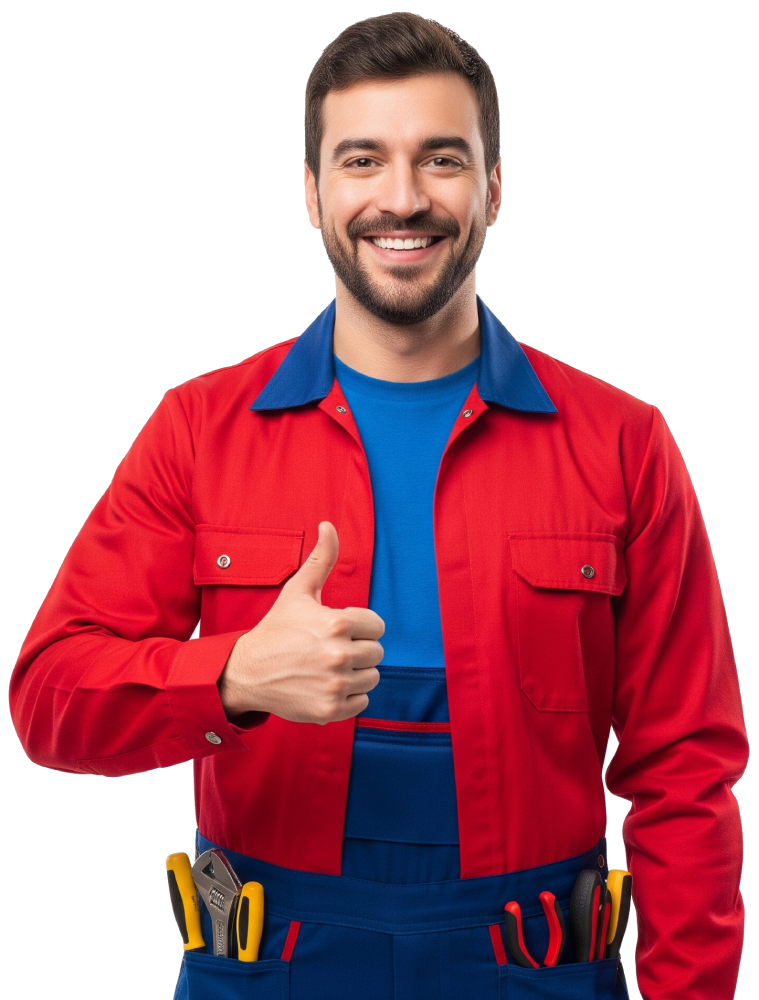 Smiling handyman in red and blue work clothes gives a thumbs-up.