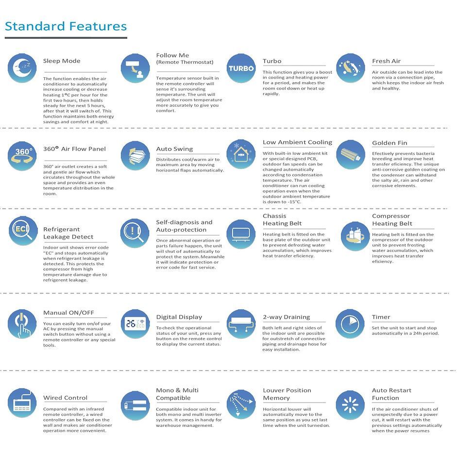 Diagram of standard features with icons and descriptions in blue and white.