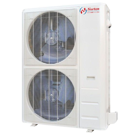 White split-system air conditioner, interior unit in front of exterior unit, with a blue stripe and logo.
