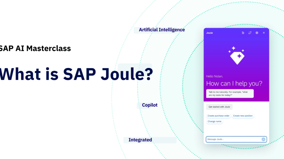 SAP Joule user interface on a gradient purple background with text “How can I help you?” and AI-related keywords.