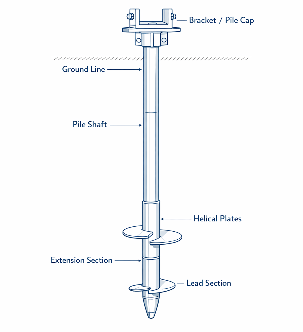A diagram of a helical pile showing a bracket, pile shaft, extension section, load section, and helical plates in soil.
