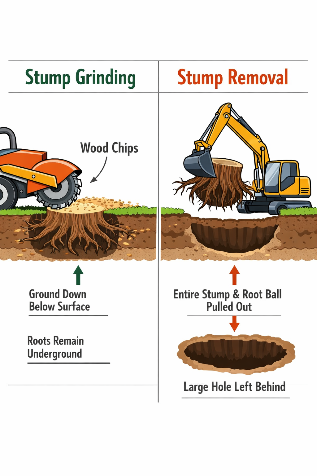 A comparison infographic showing stump grinding (grinding down wood) versus stump removal (extracting the root ball).