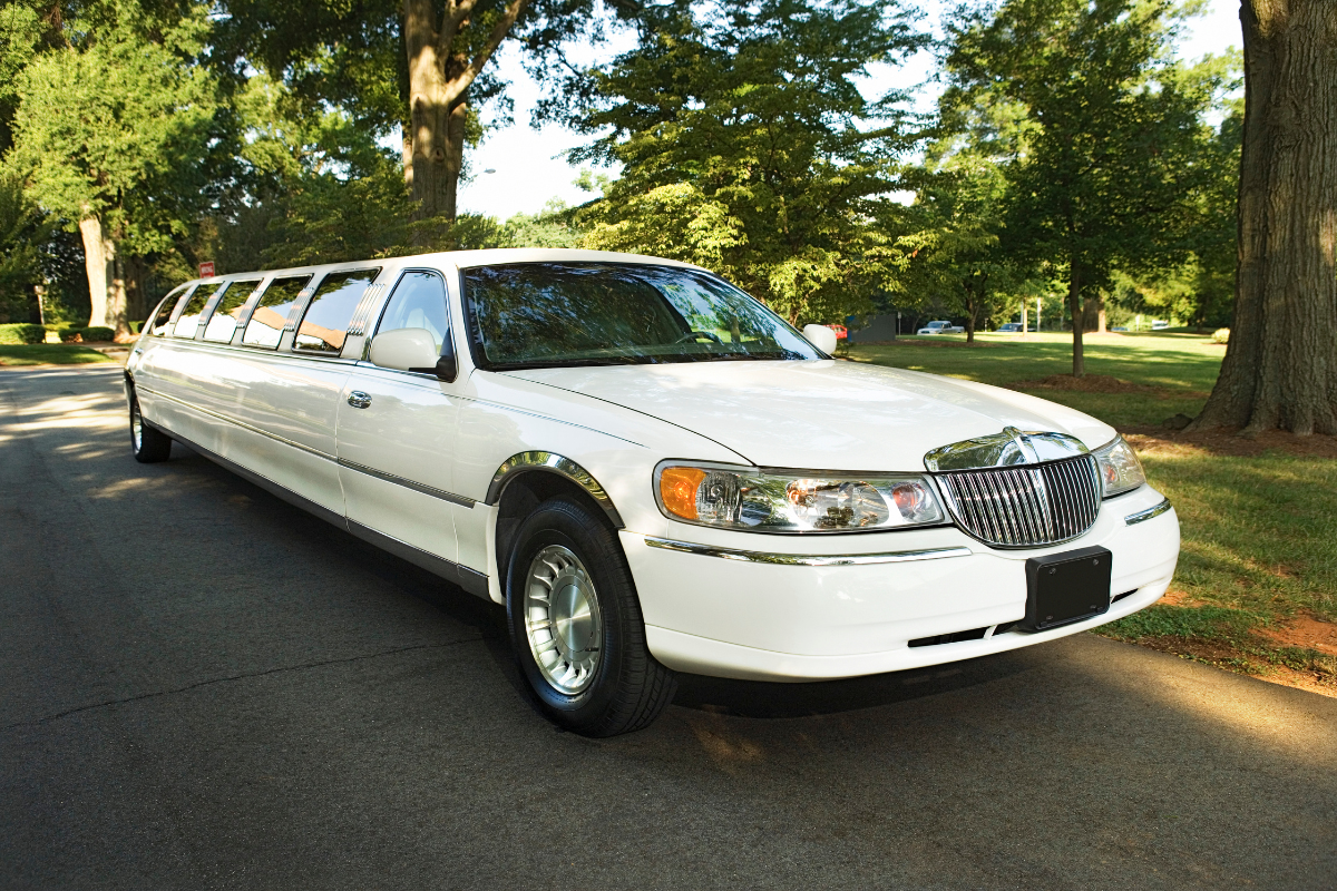 a white limousine is parked on the side of the road .