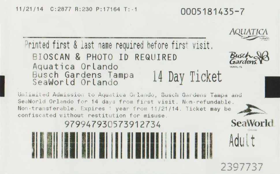 a 14 day ticket for seaworld orlando