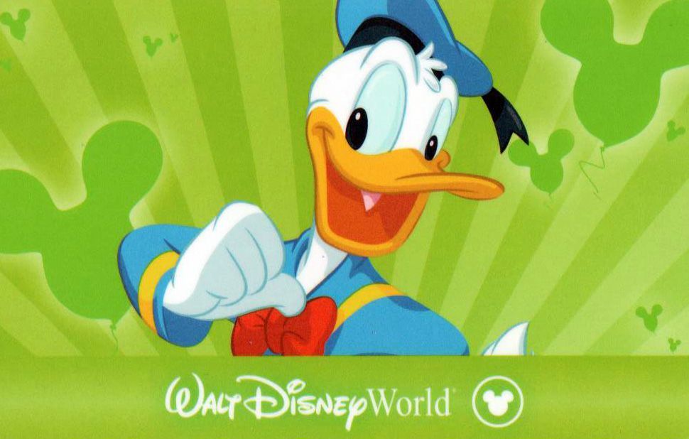 A poster of Daffy Duck on a green background with a pattern of Mickey Mouse. The poster says Walt Disney World.