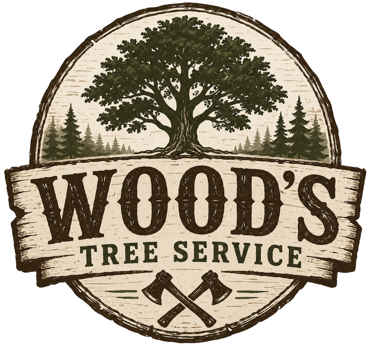 Wood's Tree Service logo with oak tree, forest background, and crossed axes on a rustic circular badge