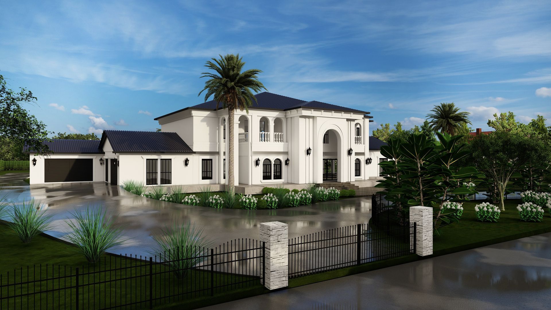 A Modern Mediterranean house with a black roof is surrounded by trees a Roundabout