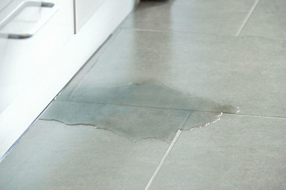 A Small Puddle Of Water On Grey Tiled Floor Near A White Cabinet