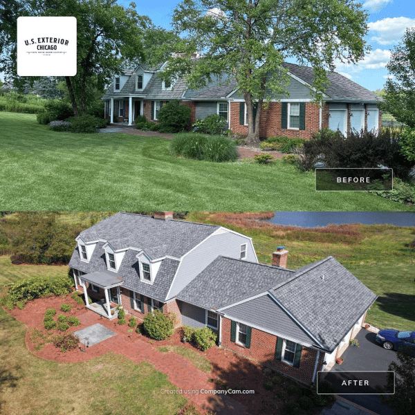 A before and after picture of a house with a new roof.