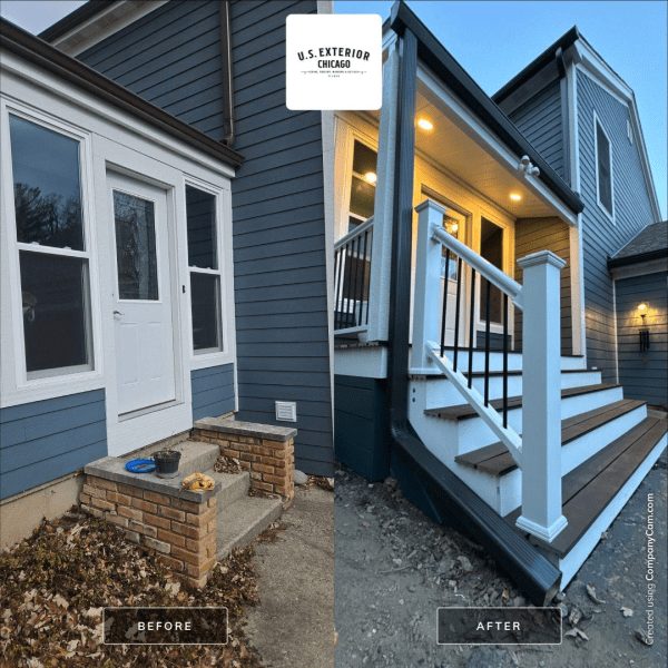 A before and after photo of a house with stairs