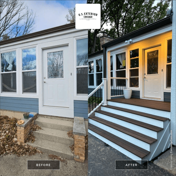 A before and after photo of a house with stairs