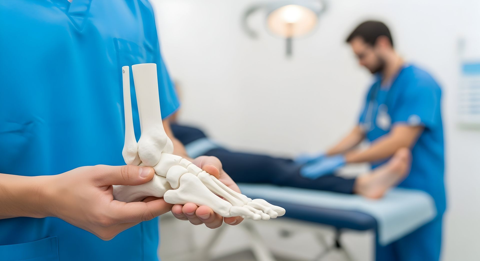 Healthcare professional holding a foot skeleton model in a podiatry clinic.