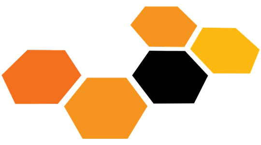 Hexagon graphic with orange, black, and yellow shapes. Hexagon graphic with orange, black, and yellow shapes.