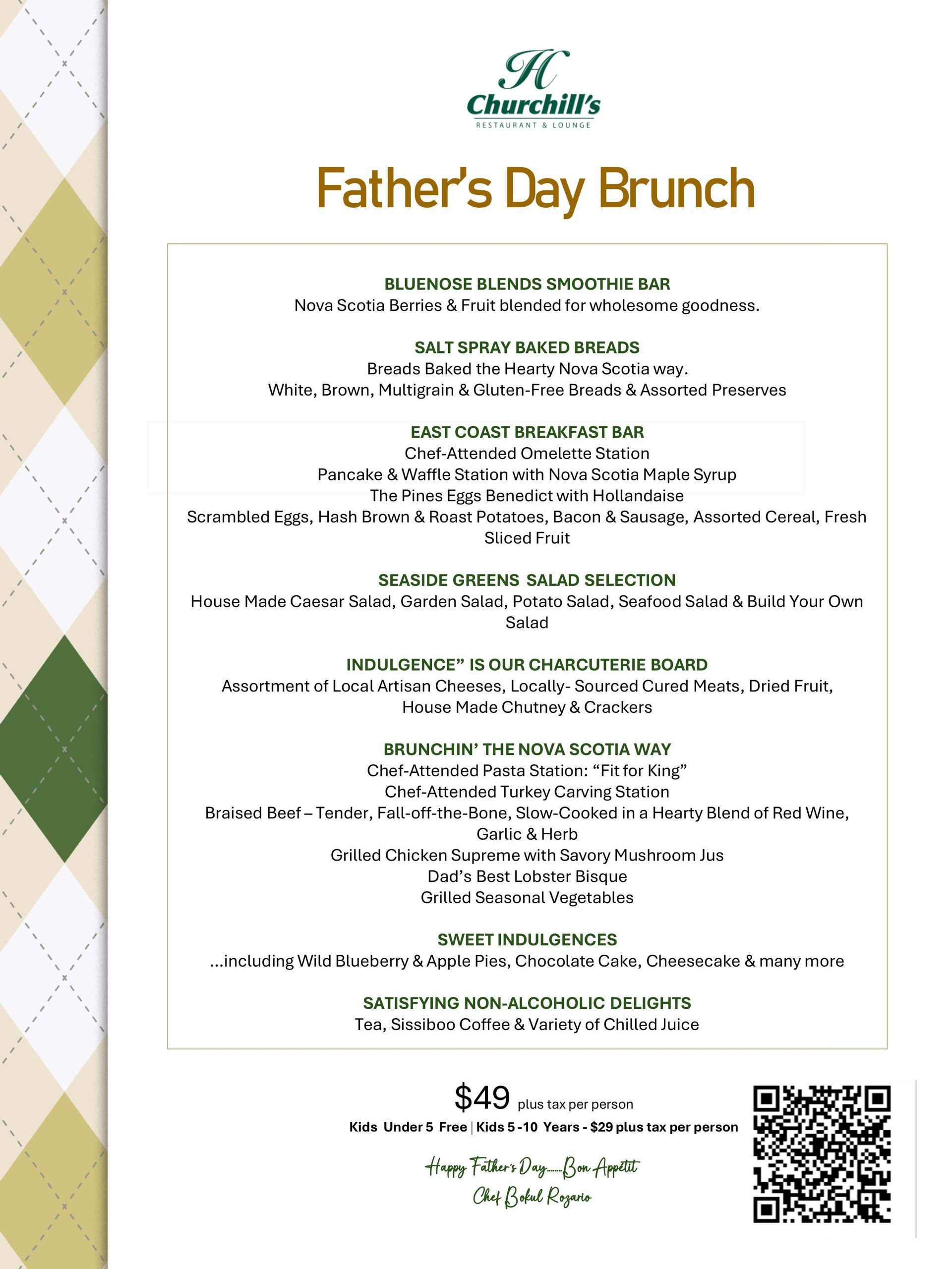 A menu for a father 's day brunch at Churchill 's Restaurant at Digby Pines Golf Resort and Spa.