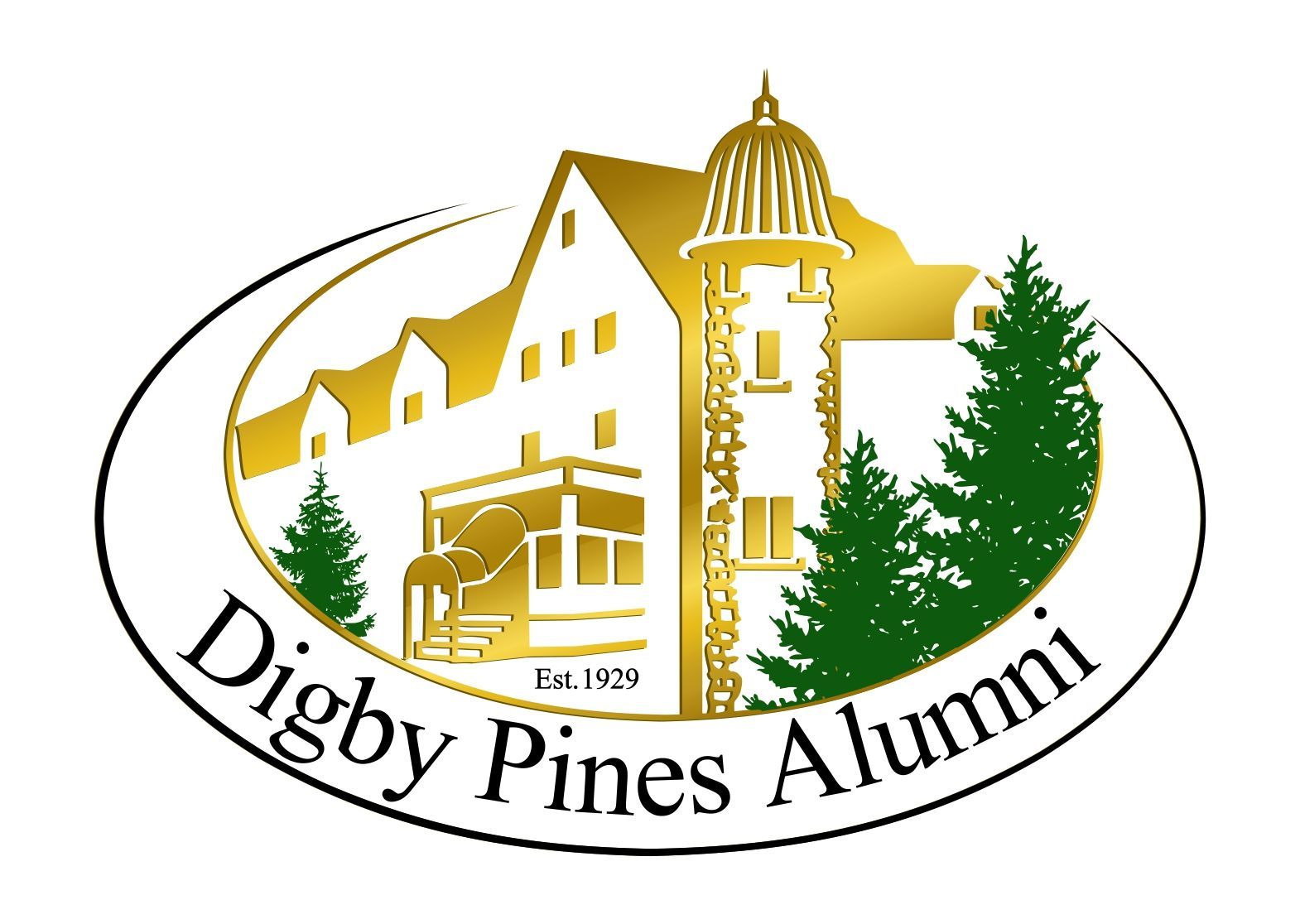 a logo for digby pines alumni with an image of the main building surrounded by pine trees