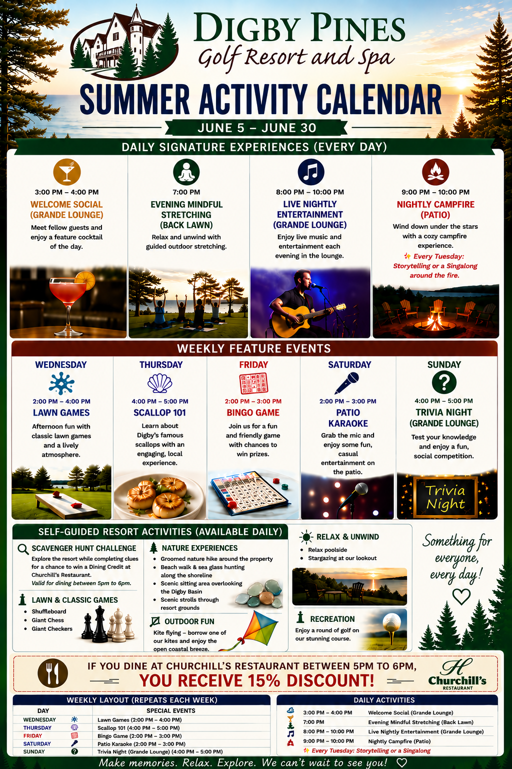 Poster detailing schedule of events happening at Digby Pines Golf Resort and Spa this summer.