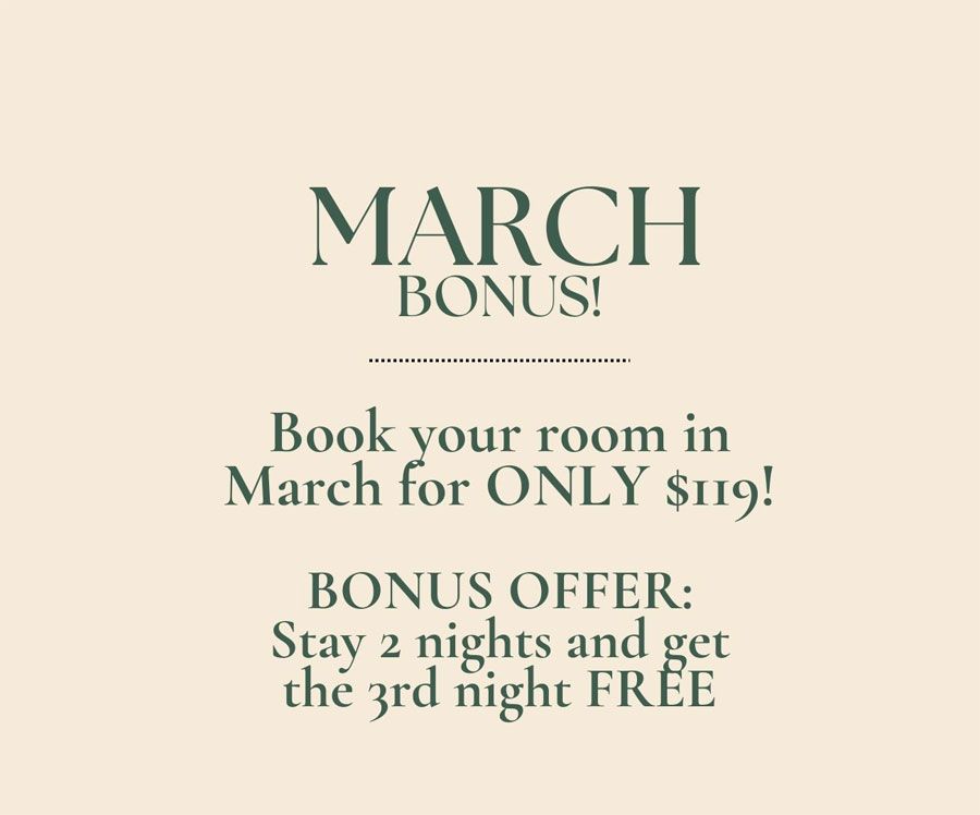 A poster that says march bonus book your room in march for only $119