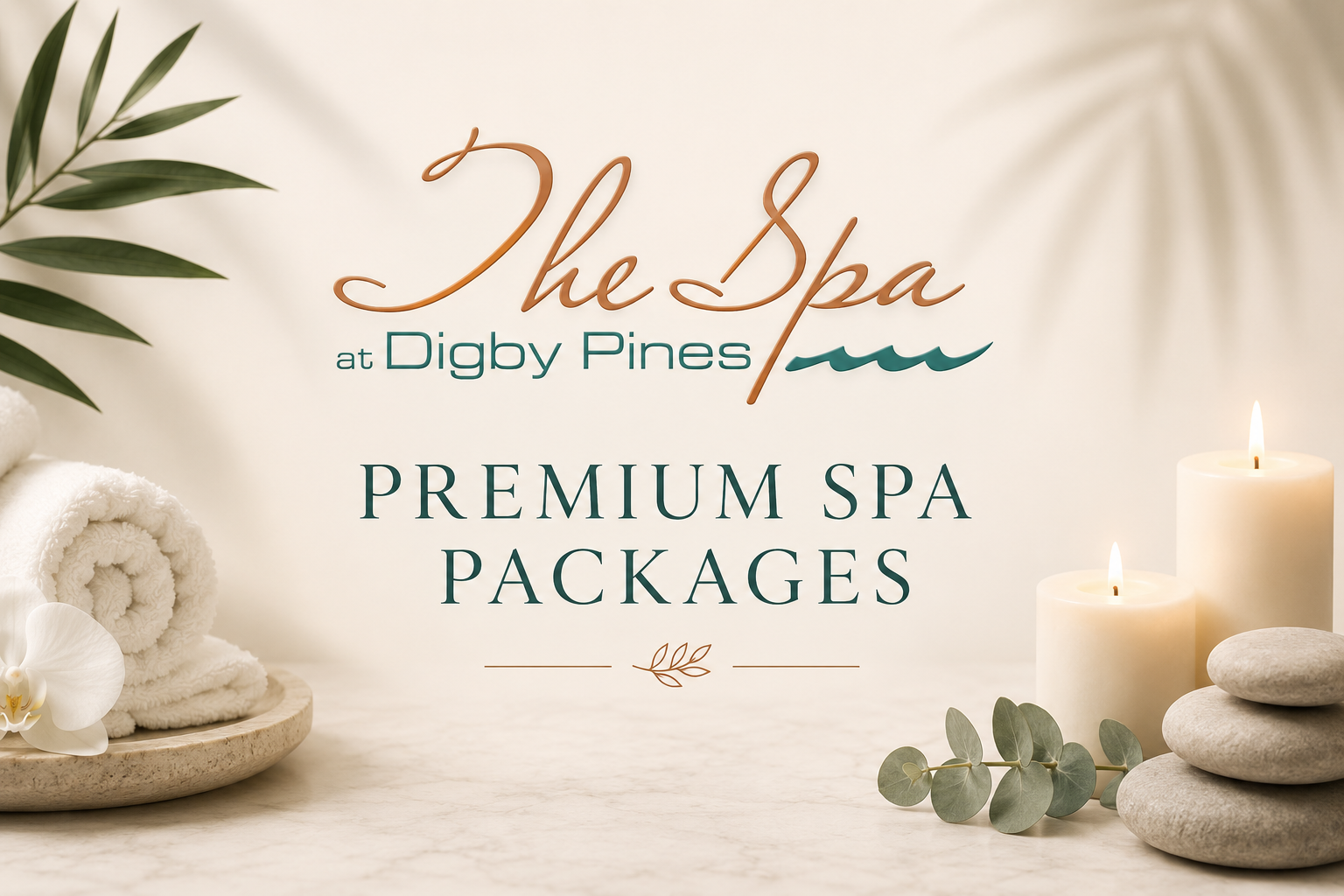 Spa promo for The Spa at Digby Pines, with candles, stones, towels, leaves, and “Premium Spa Packages” text