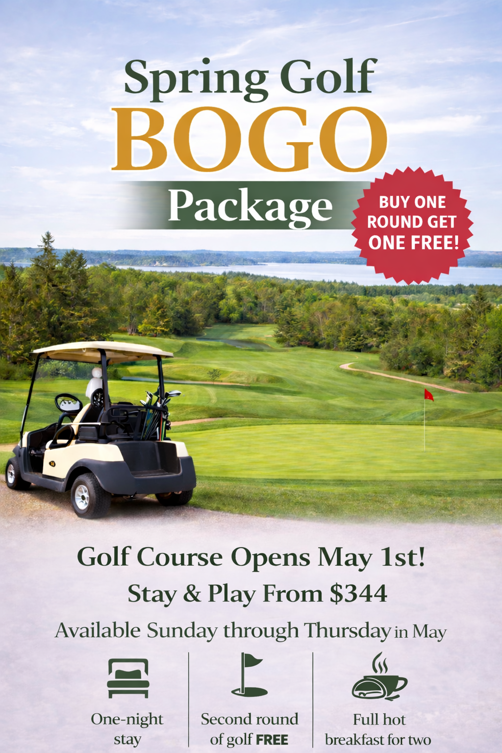 A promotional flyer for a Digby Pines golf Stay & Play package, featuring a course view, golf cart, and offer details.