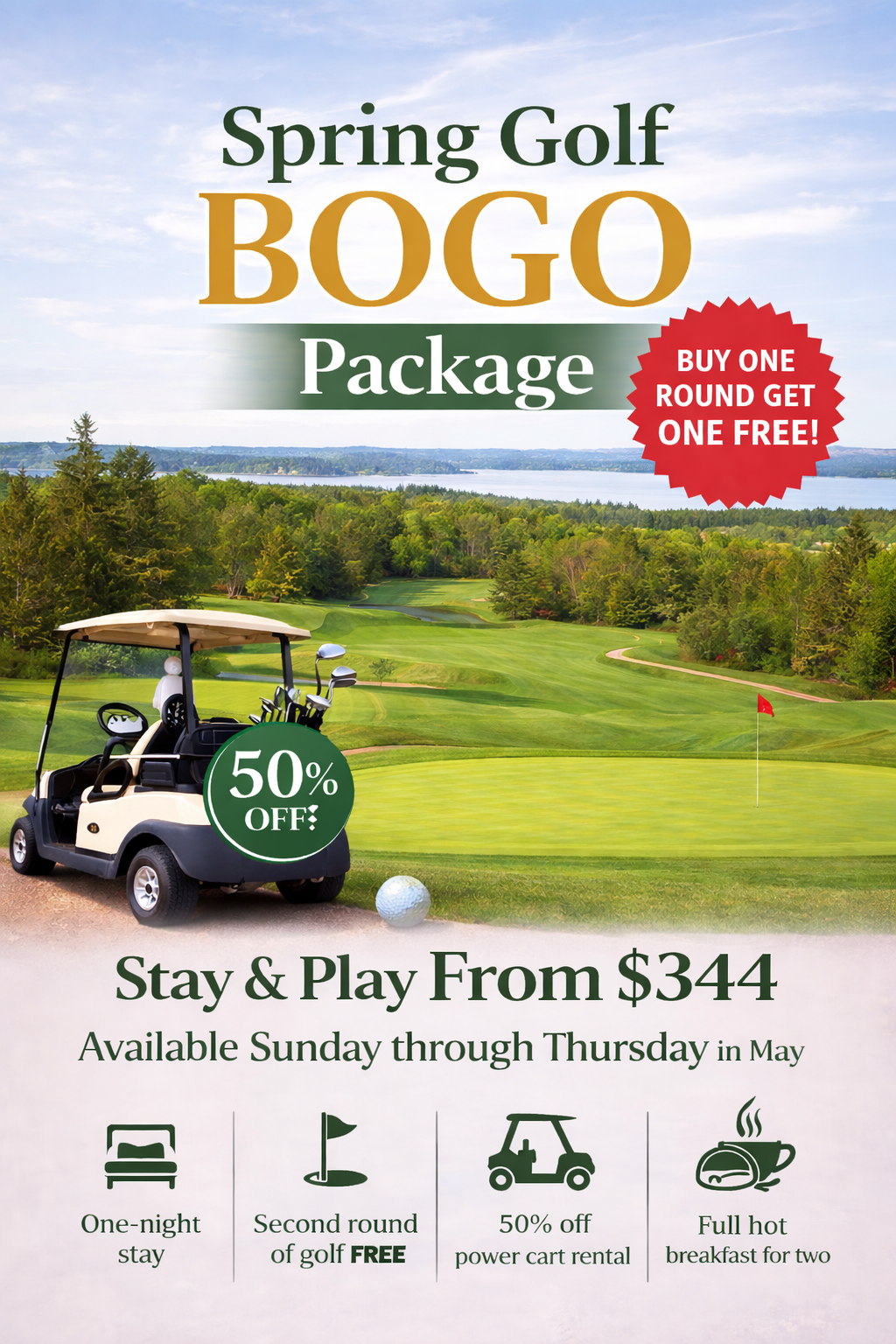 A promotional flyer for a Digby Pines golf Stay & Play package, featuring a course view, golf cart, and offer details.