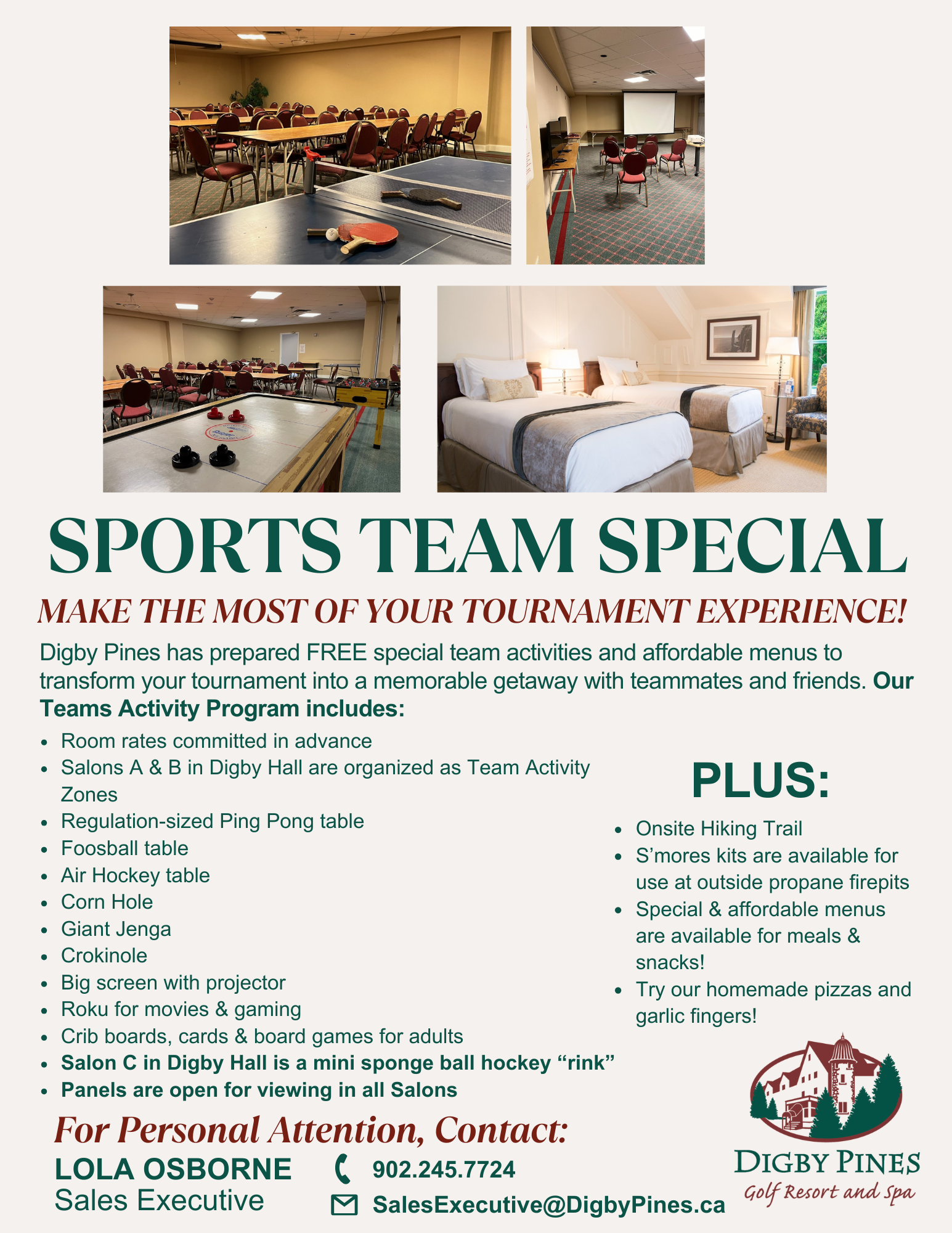 Promotional ad for sports teams. Photos of hotel rooms and activities. Text offers special packages.