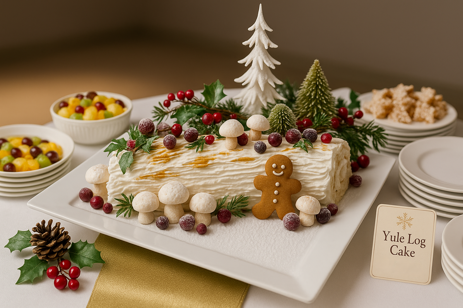 Christmas dessert table with a log cake, decorations, and plates.