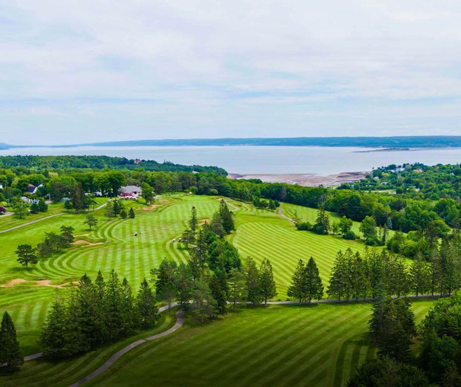 Aerial view of digby pines golf course overlooking the annapolis basin.