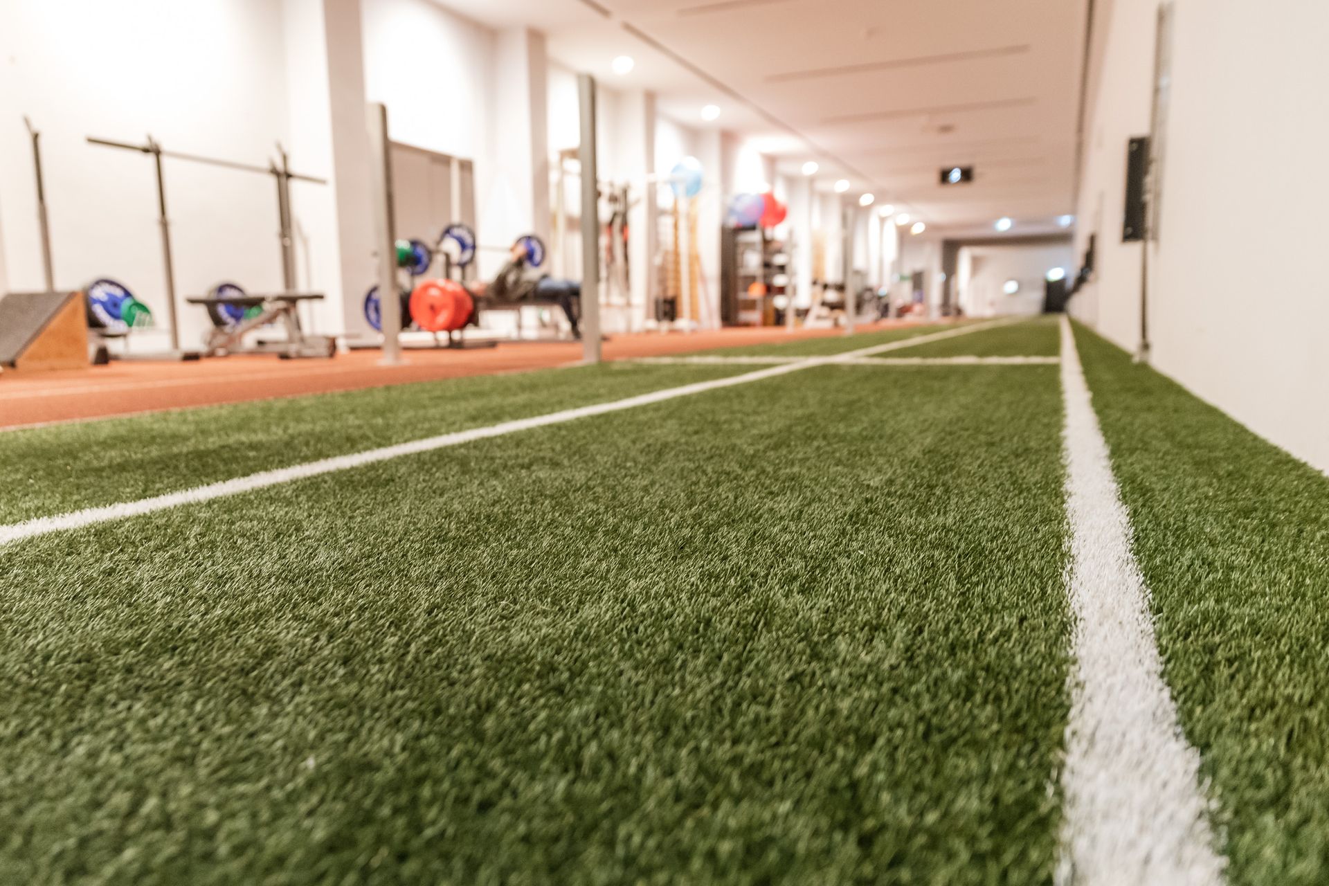 A soccer field in a gym with a white line on it
