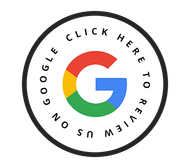 A google logo in a circle with the words `` click here to review us ''.