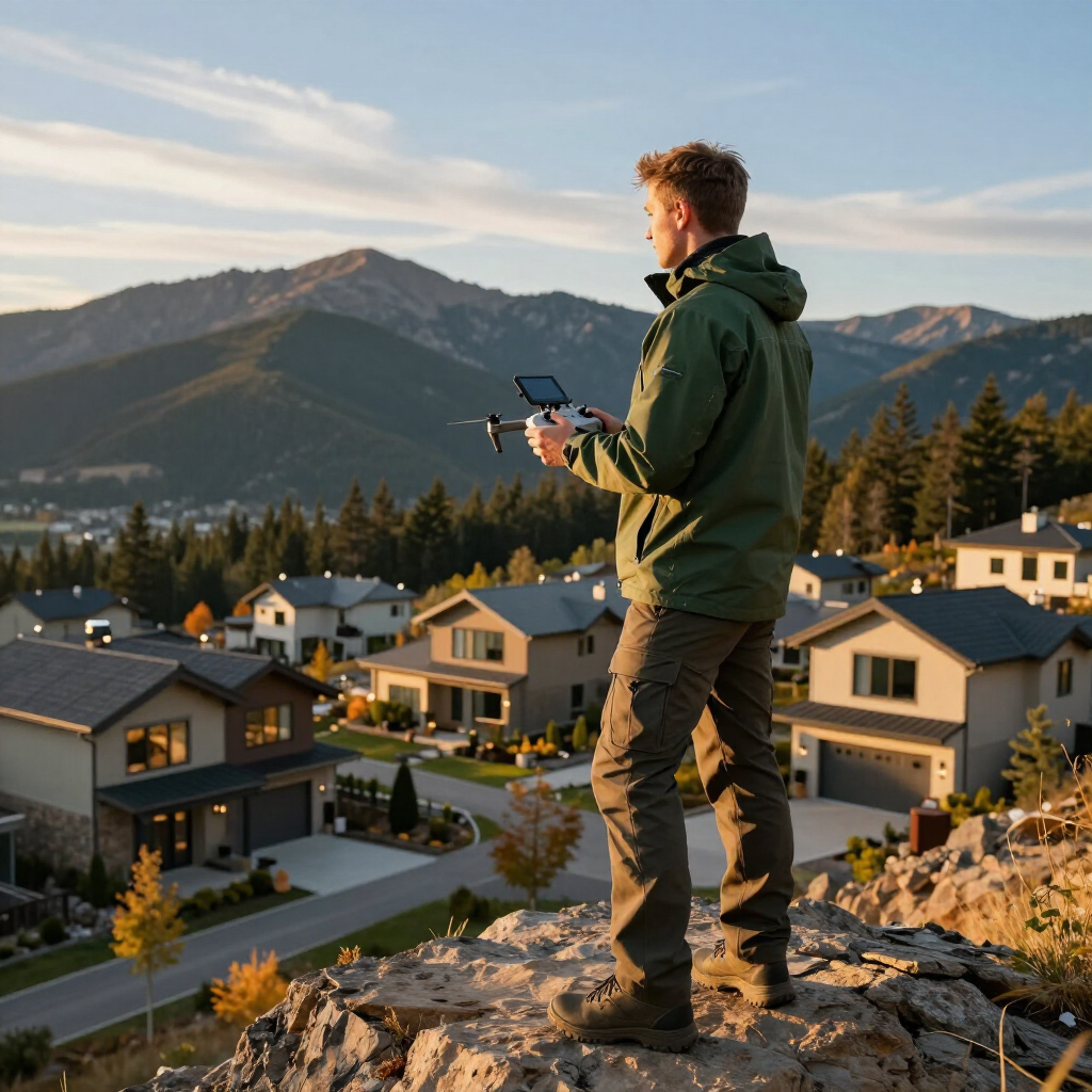 A person in a green jacket stands on a rocky hill operating a drone with a remote, overlooking a suburban neighborhood.