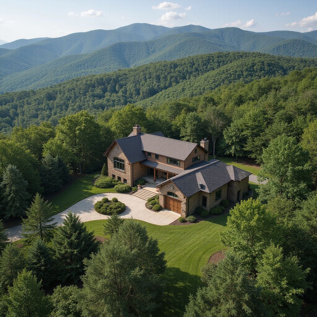 Large stone house nestled among trees, overlooking mountains.