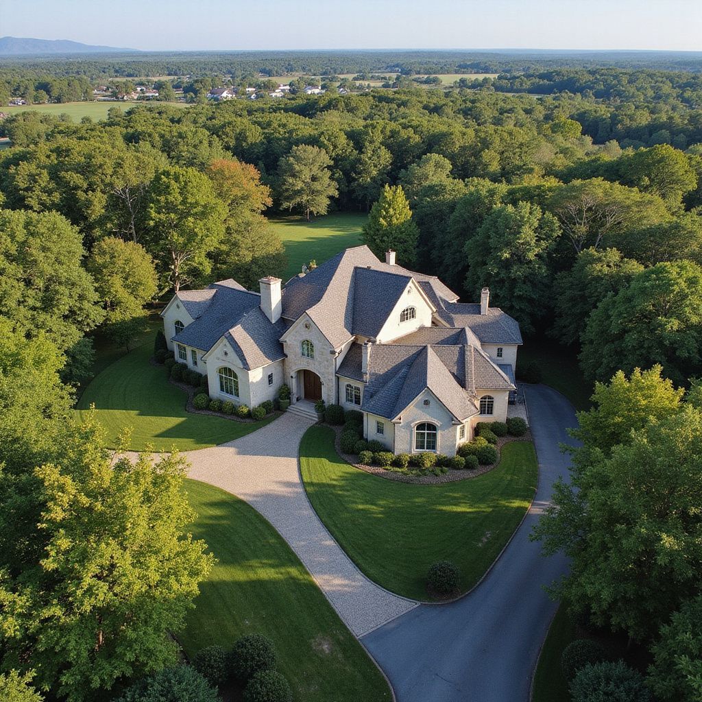 Aerial view of a large, stone-clad house with a long driveway surrounded by trees and a rural landscape.