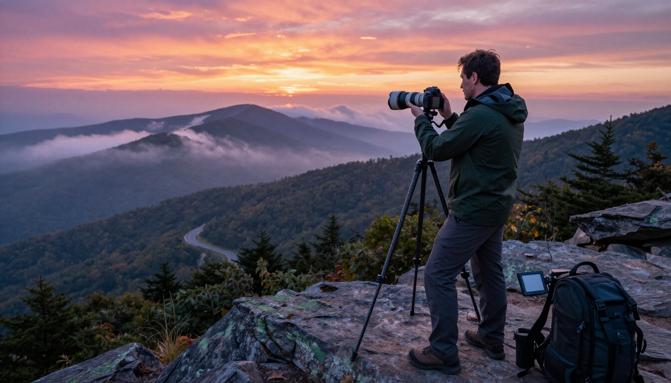 A person using a camera on a tripod to photograph a scenic, foggy mountain range at sunset with a pink and orange sky.